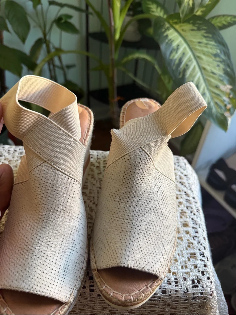 Cream Perforated Elastic Band Espadrille Wedge Sandals